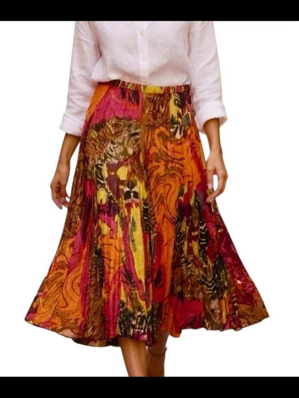 Soft Surroundings Multicolor Orange-Pink Abstract Midi Skirt